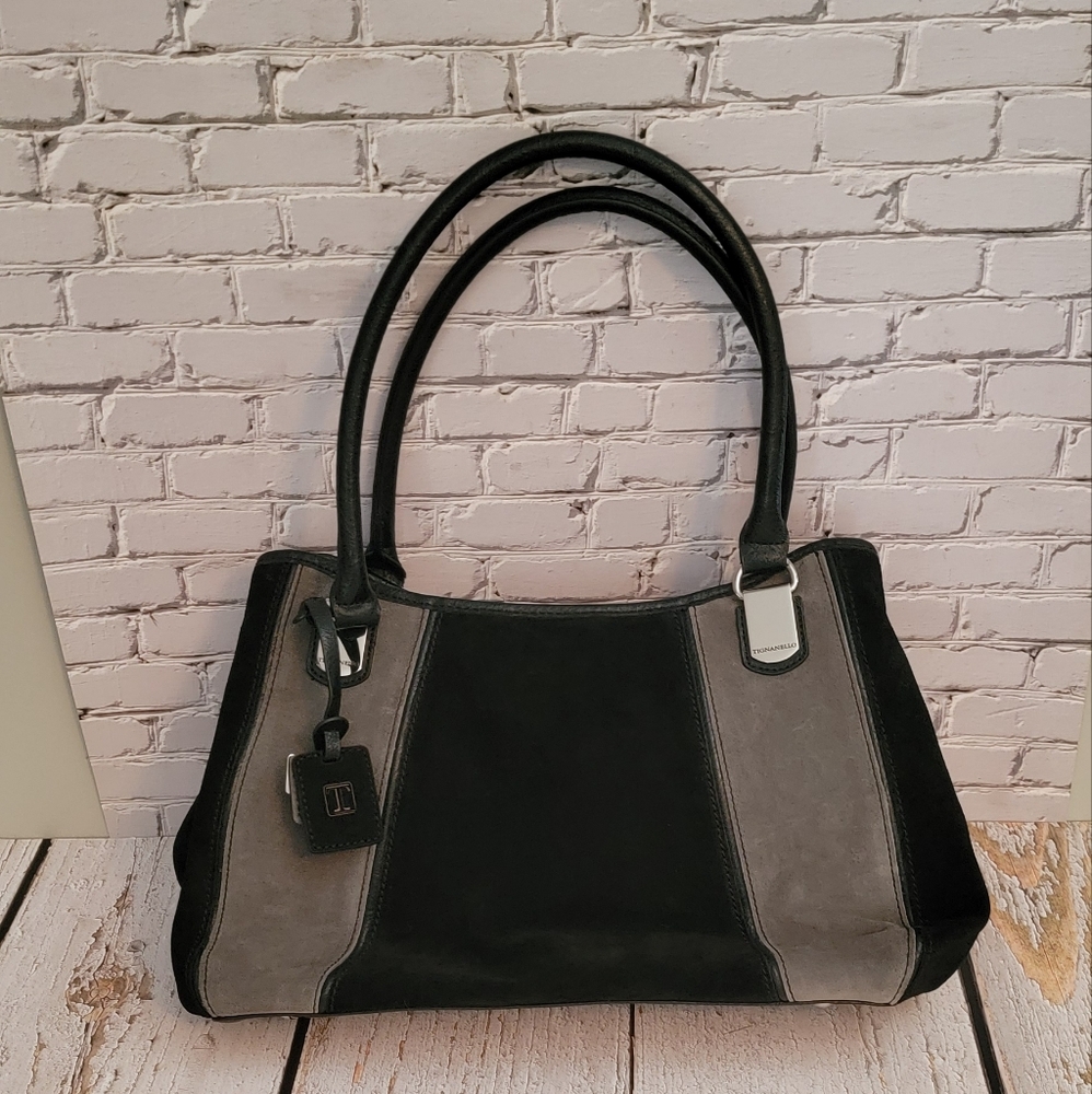 Tignanello Black and Gray Suede Handbag